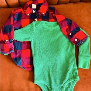 12-18 MOS GAP Flannel button up and Primary green waffle long sleeve onsie